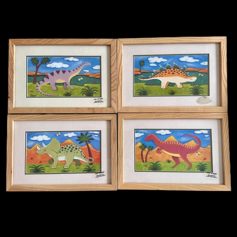 Set/4 Dinosaur Framed Art Izzy, Steggy, Dippy & Timmy 2003 by Sophie Harding NWT